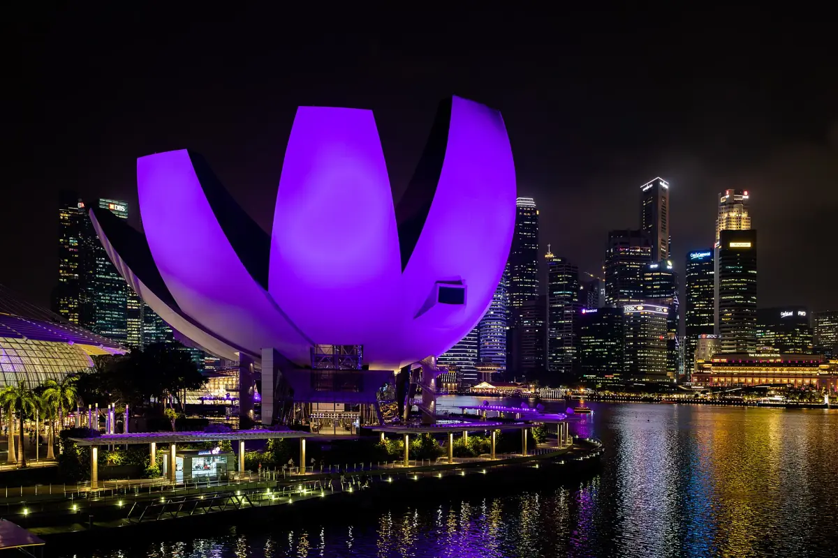 The ArtScience Museum lit purple at night