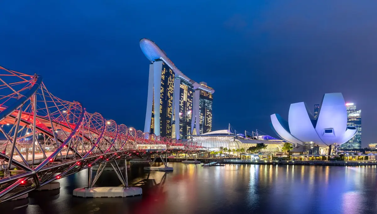 Helix Bridge and Marina Bay Sands at night