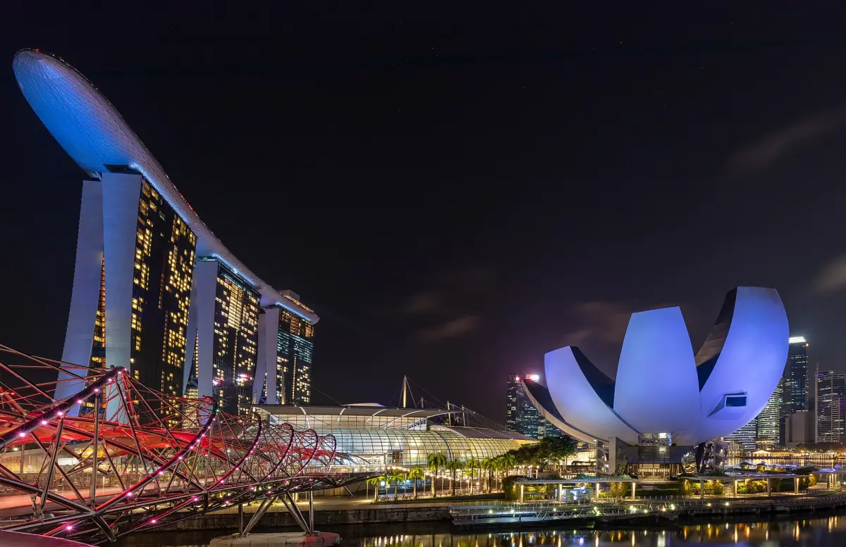 The towers and museum lit at night